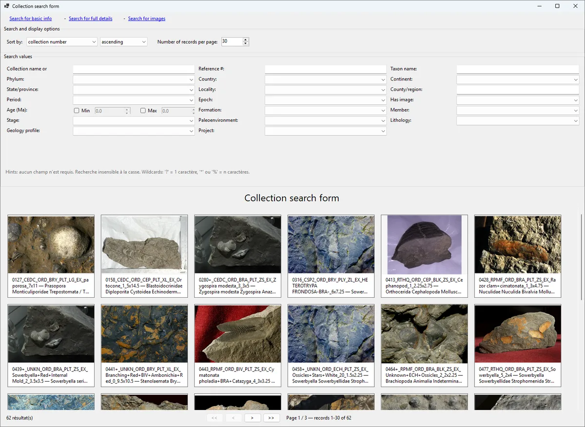 FossilCore advanced collection search