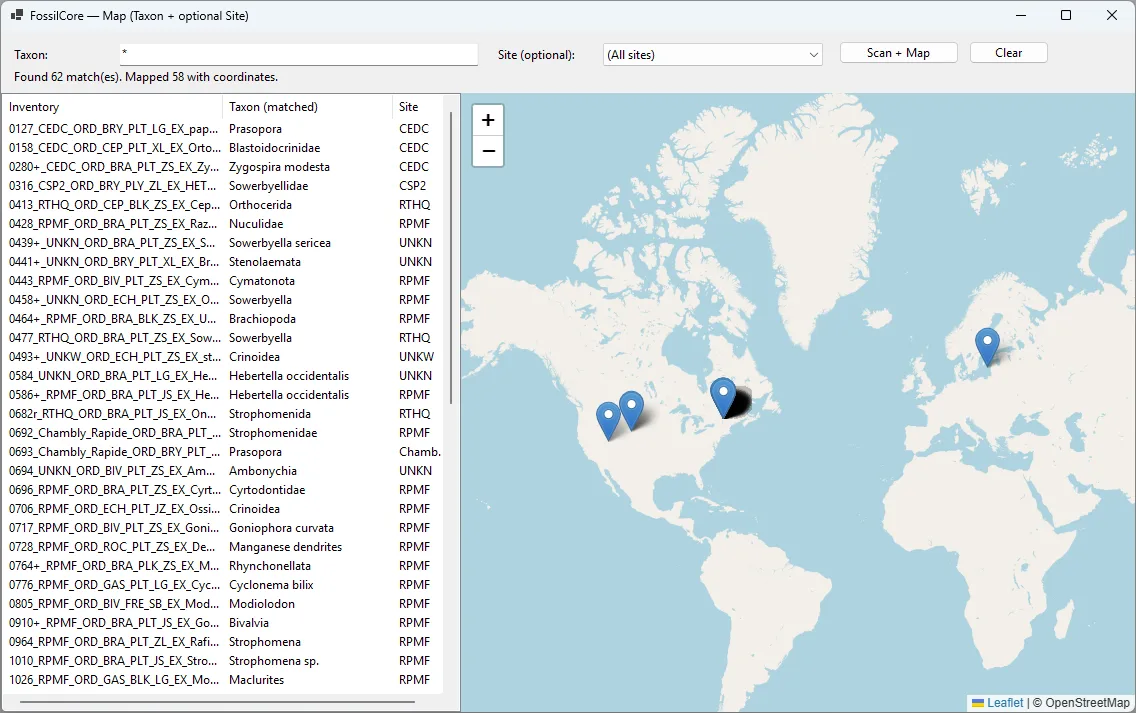 FossilCore collection map